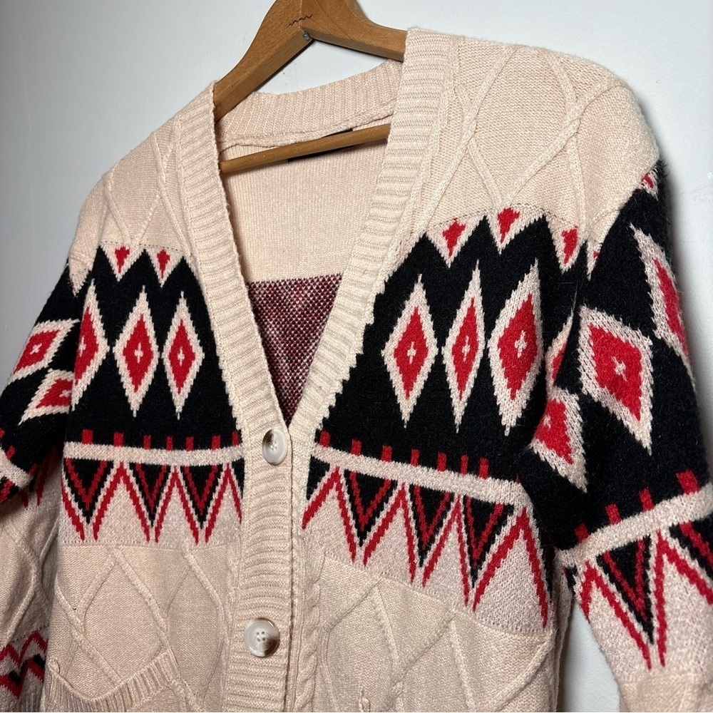 On Blue Fair Isle Cable Knit Geometric Pattern Cardigan Sweater Women’s Small - Picture 2 of 9